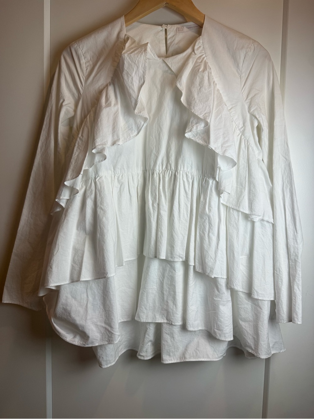 Zara Trafaluc White Cotton Ruffle Long Sleeve Blouse Size Small